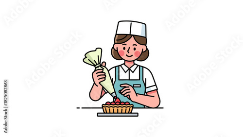 A cartoon pastry chef in a uniform adds topping to a pie