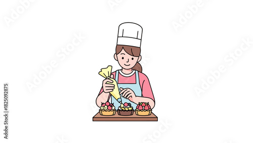 A cartoon chef decorates fruit tarts with a pastry bag, set on a brown wooden tray