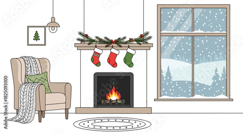 Cozy Christmas fireplace scene with stockings, snow falling, winter wonderland view