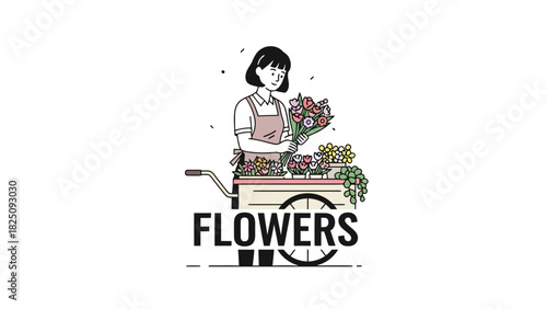 A florist in an apron, arranging colorful flowers displayed on a cart with "FLOWERS