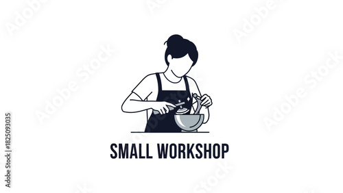 A woman in an apron is working in a small workshop. She's stirring something in a bowl
