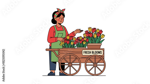 Illustration of a vendor with a flower cart, offering red and yellow tulips