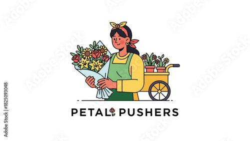 A florist in apron holds a bouquet of flowers next to a flower cart on a white background