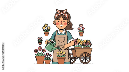 A smiling woman wearing an apron waters flowers in pots, with a cart full of flowers
