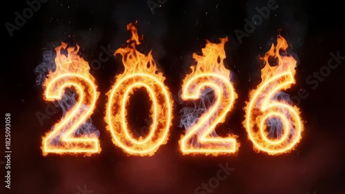 Fiery burning 2026 text with flames, embers and rising smoke for a dramatic happy new year