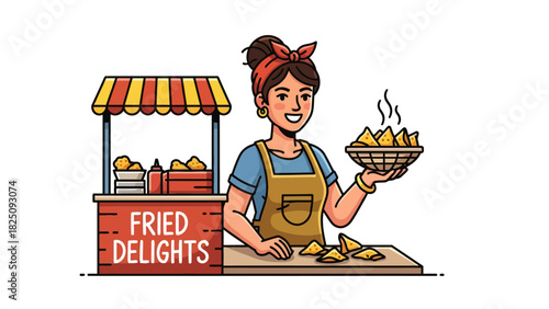 A smiling woman holding a basket of steaming snacks at a stand, with a sign that reads "Fried Delights.