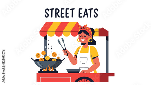 Colorful illustration of a street food vendor at her cart. Cooking snacks in wok with a smile