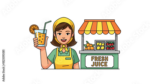 A smiling vendor offers fresh juice in a glass, with a juice stand displaying fruits