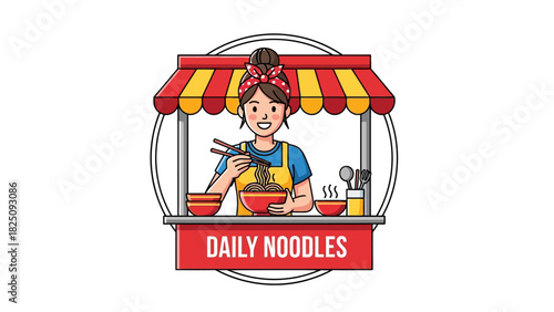 A cartoon image depicting a female character serving noodles from a food stall