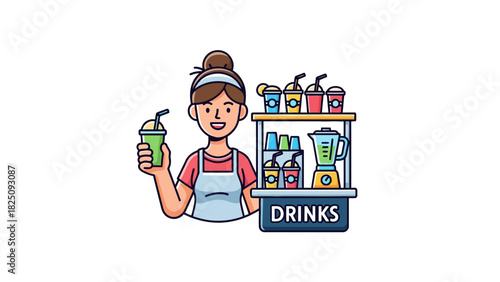 A smiling vendor offers a drink from a cart, showcasing blender & different colorful cup beverages