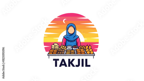 A woman in a hijab stands behind a food stall with a sunset backdrop and the word "TAKJIL.