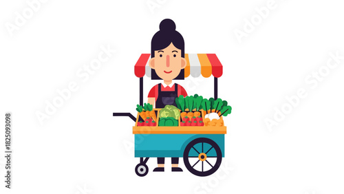A smiling woman stands behind a colorful cart displaying an assortment of fresh fruits and vegetables