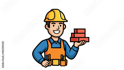 Cartoon builder holding bricks, wearing a hard hat, and work belt on a white background