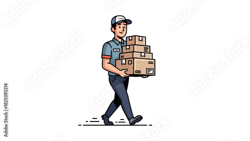 A cartoon-style illustration shows a delivery person walking with a stack of packages