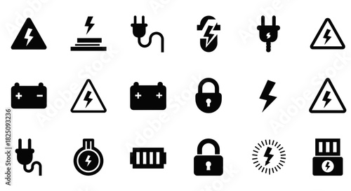 Electrical safety symbols collection, danger hazard warning icons, electricity concept vector