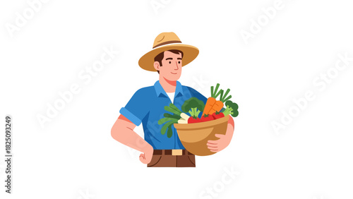 Illustration of a farmer with vegetables in a bowl. Dressed in blue shirt and brown hat