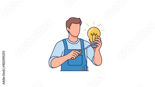 Technician with tools analyzing a lightbulb, surrounded by radiant lines.  Solid white background