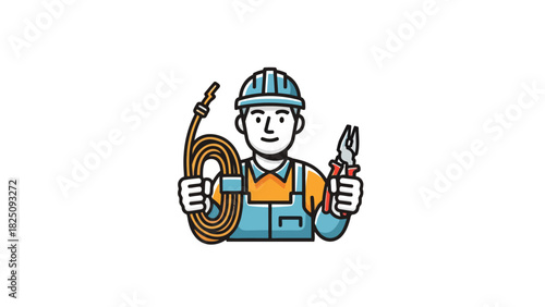A cartoon electrician with tools, helmet, and cable coil against a white backdrop