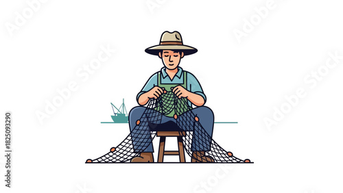 A seated figure with a hat mends fishing net, while a ship is shown in the background