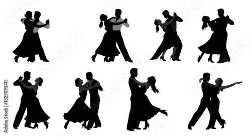 Elegant ballroom dance silhouettes, romantic couples waltzing gracefully together