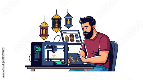 A man works with 3D printer, designing lanterns on a laptop. Hanging lanterns are visible
