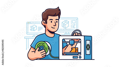 A cartoon man smiling while holding a 3D printer and filament, with computer screens in background