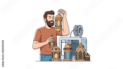 Illustration of a man holding a lantern and multiple crafted designs, near a 3D printing machine