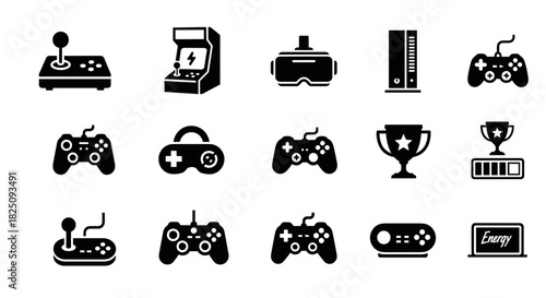 Gaming icons set: Console, controller, VR headset, arcade machine for game design needs