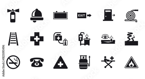 Emergency safety icons set representing fire, medical, and hazard safety symbols