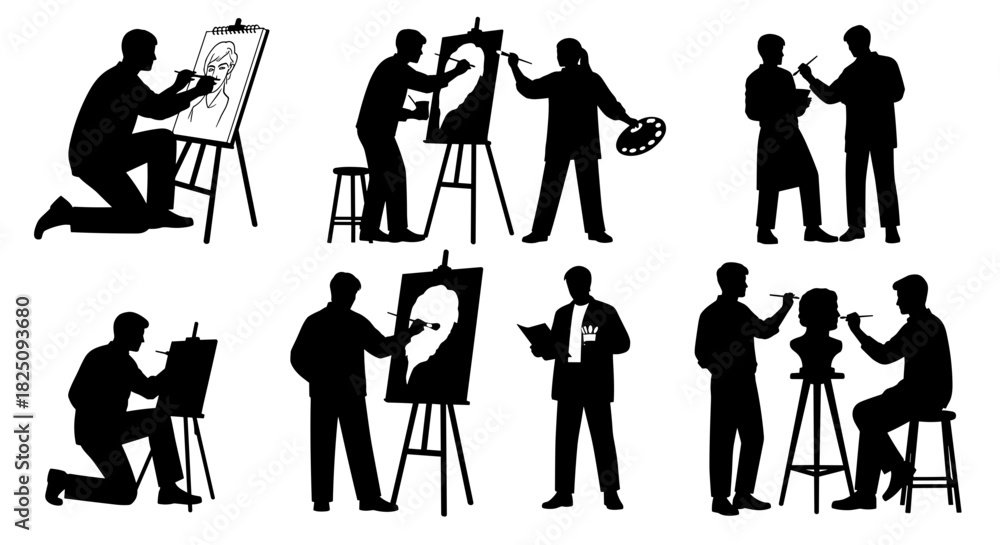 Obraz premium Artists creating art on canvas, artistic expression and creativity in vector graphics