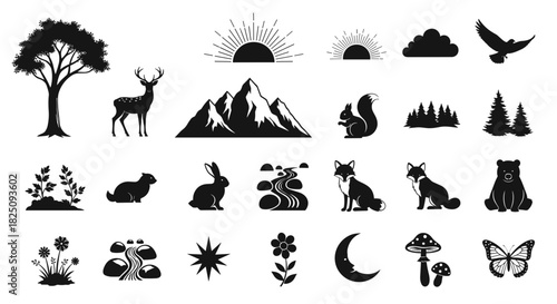 Wildlife nature icons for outdoor adventure and wilderness exploration designs