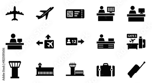 Airport travel vector icons for airline tickets, baggage check, control tower, and suitcase
