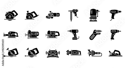 Collection of power tools vector icons for construction and home improvement projects