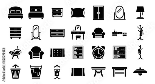 Bedroom & living room interior furniture icons for minimalist home design projects