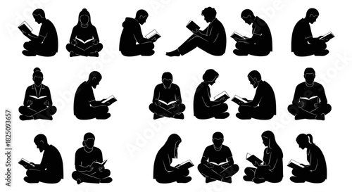 Engaging silhouettes of diverse students reading books, perfect for education projects now