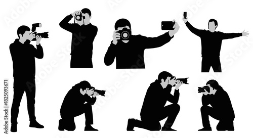 Dynamic photographer silhouettes set, capturing moments and memories with cameras
