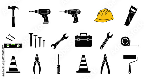 Construction tools icons set for builders, DIY enthusiasts, and home improvement projects