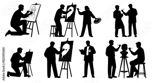 Artists creating art on canvas, artistic expression and creativity in vector graphics