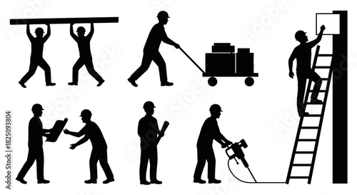 Construction workers in silhouette demonstrating building site labor with equipment tools