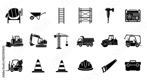 Construction equipment icons for building projects, engineering, and development planning