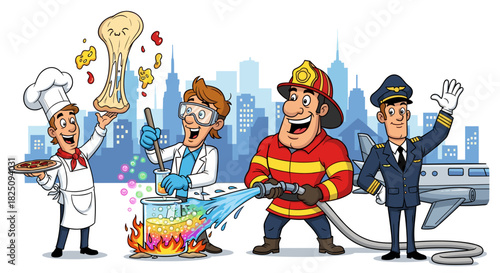 Cartoon workers showcase diverse careers firefighter chef scientist pilot professions jobs