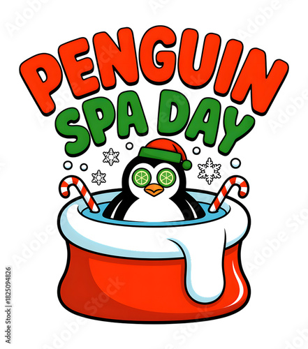 Humorous cartoon penguin with a festive Santa hat and cucumber eye slices, relaxing in a red tub with candy canes, isolated graphic for funny Christmas designs, holiday branding, and winter digital