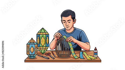 A person crafting ornamental lanterns. Tools are present on a wooden table. The process is being shown