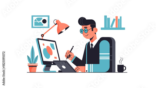 A man in glasses works on a tablet at his desk. A lamp, plant, coffee, and books are nearby