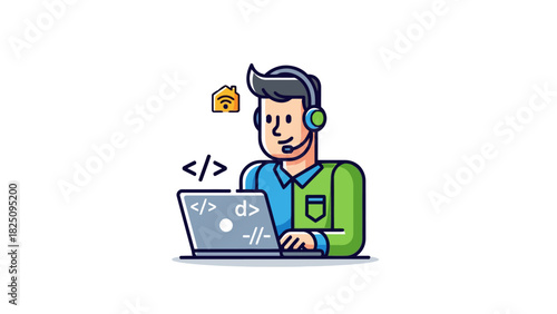 A cartoon depiction of a person coding on a laptop, wearing a headset, with a wifi symbol