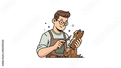 A smiling artisan, in apron, carves a wooden figure with a sharp tool. He works with joy