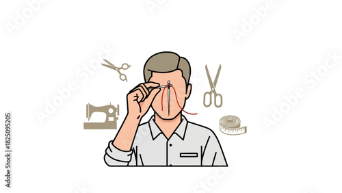 A cartoon shows a man threading a needle with red thread, surrounded by sewing tools