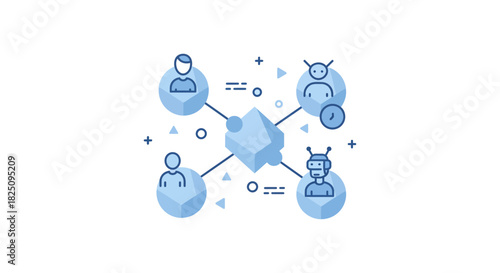 ai collaboration with humans and bots connected to a central system representing digital teamwork automation and the future of work useful for tech blogs.