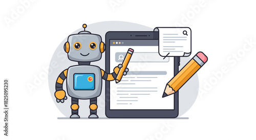 ai writing assistant robot creating content on tablet illustrating artificial intelligence content creation perfect for tech blogs ai industry