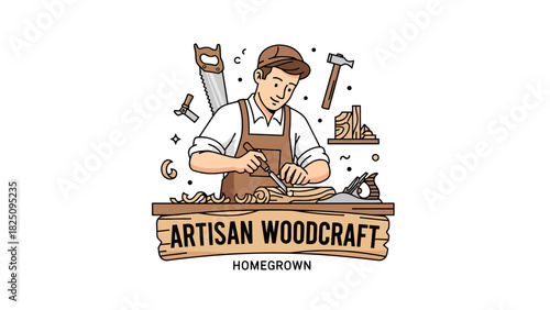 A cartoon artisan crafting wood, with tools and a banner that says "Artisan Woodcraft